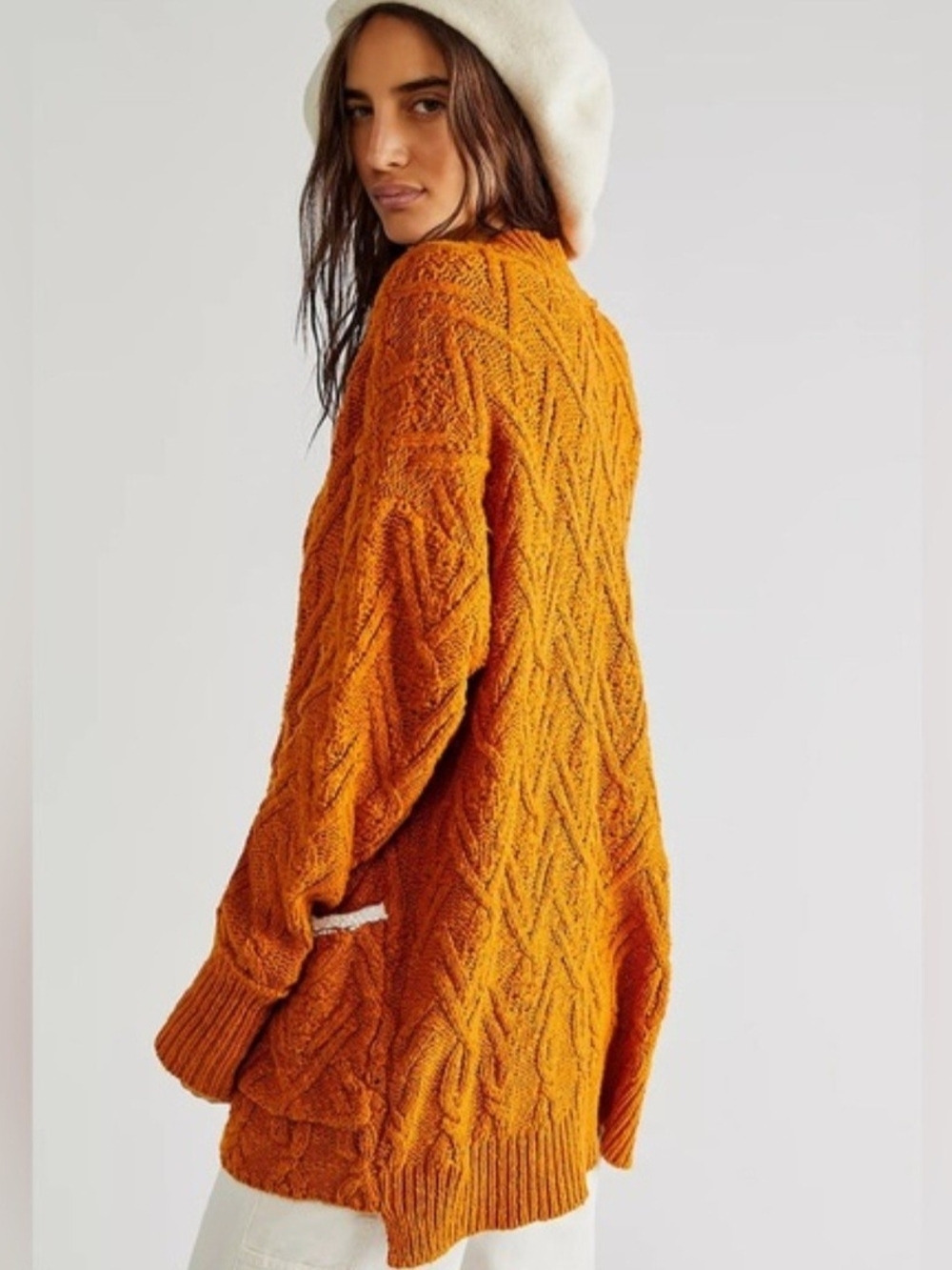 Free People Oversized Cable-Knit Cardigan in Burnt Orange - Picture 3 of 5